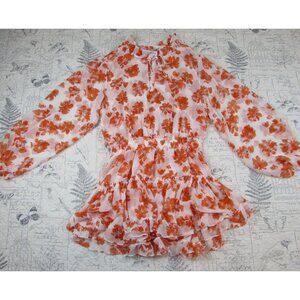 NEW $325 Misa Los Angeles Lorena Dress Chiffon Orange Floral  Smocked Waist sz M